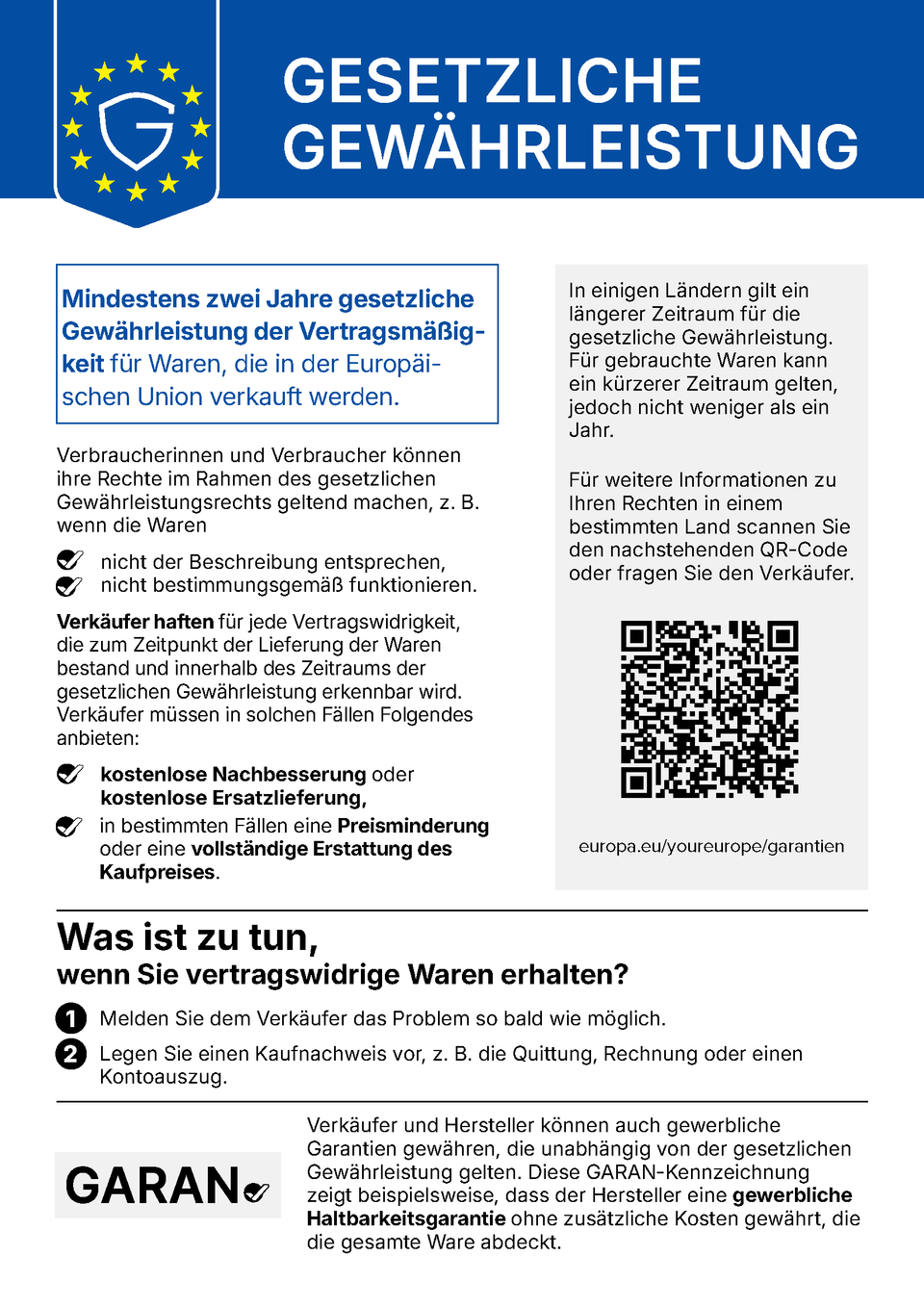 Offizieller EU-Hinweis zur gesetzlichen Gewährleistung (mindestens zwei Jahre)