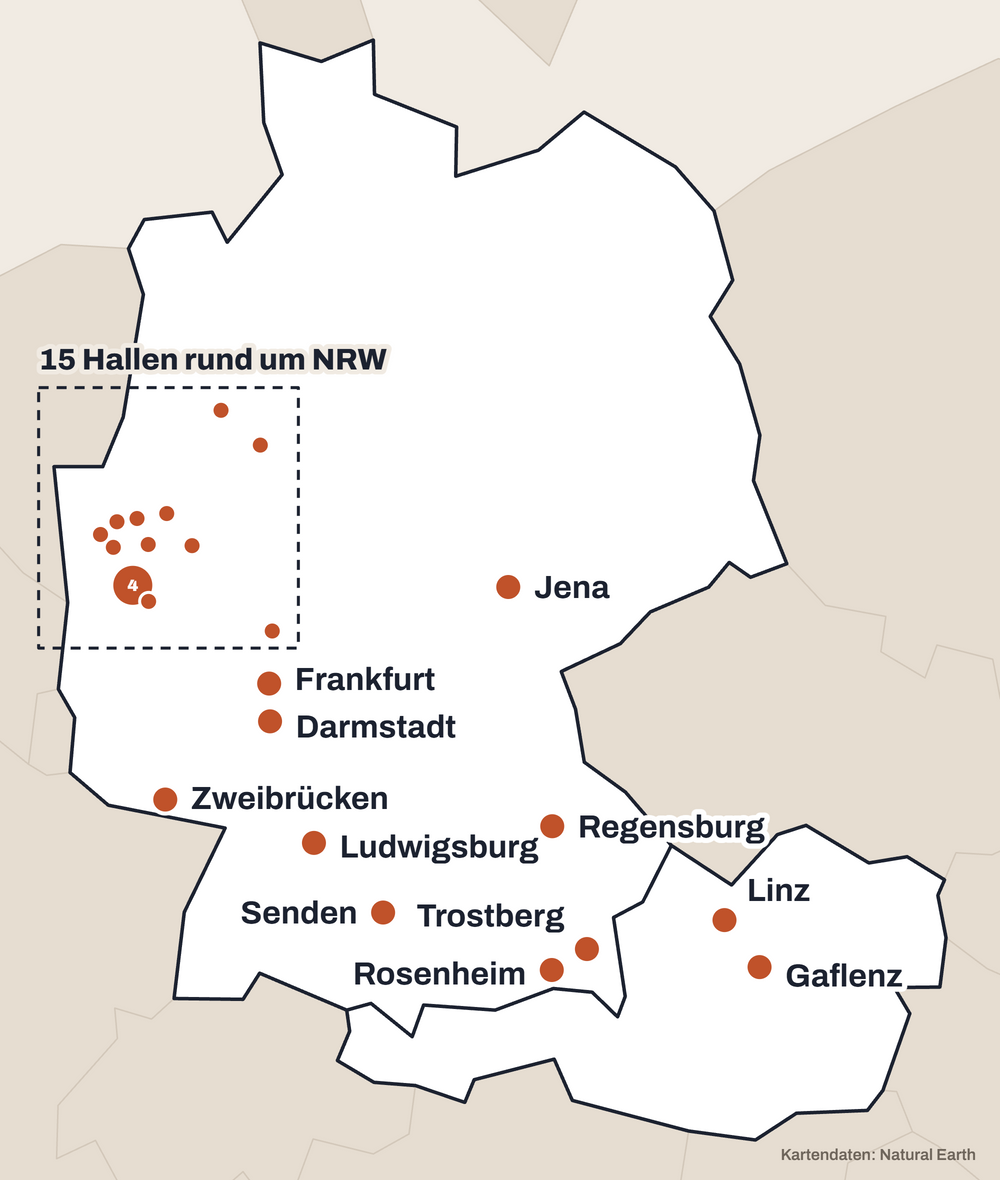 Mapa hal partnerskich Felsenfest w Niemczech i Austrii